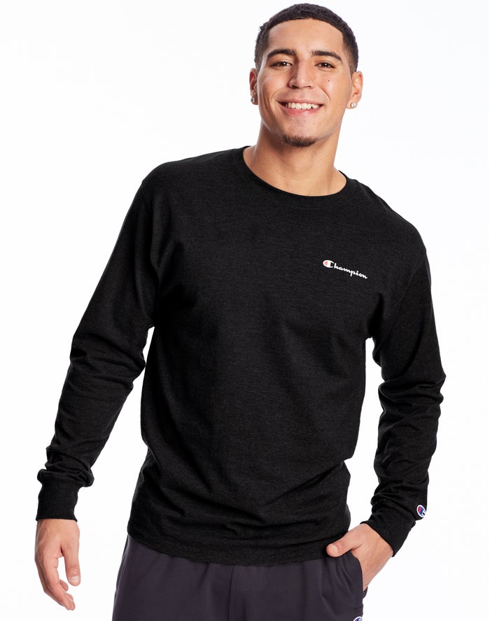 Champion Mens T-Shirt NZ - Classic Jersey Long-Sleeve Script Logo Black ( 1027-OYQAB )